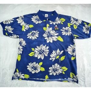 VTG The Disney Store Mens L  Polo Shirt Mickey Embroidered Floral Tropical Pique